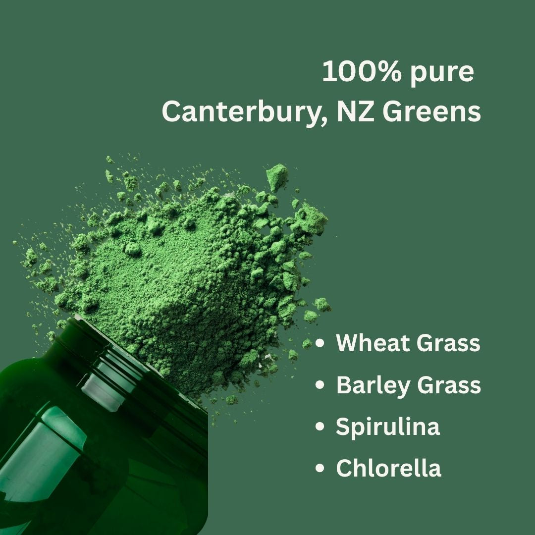 Green powder with a container on a green background, labeled '100% pure Canterbury, NZ Greens' with types of greens listed.